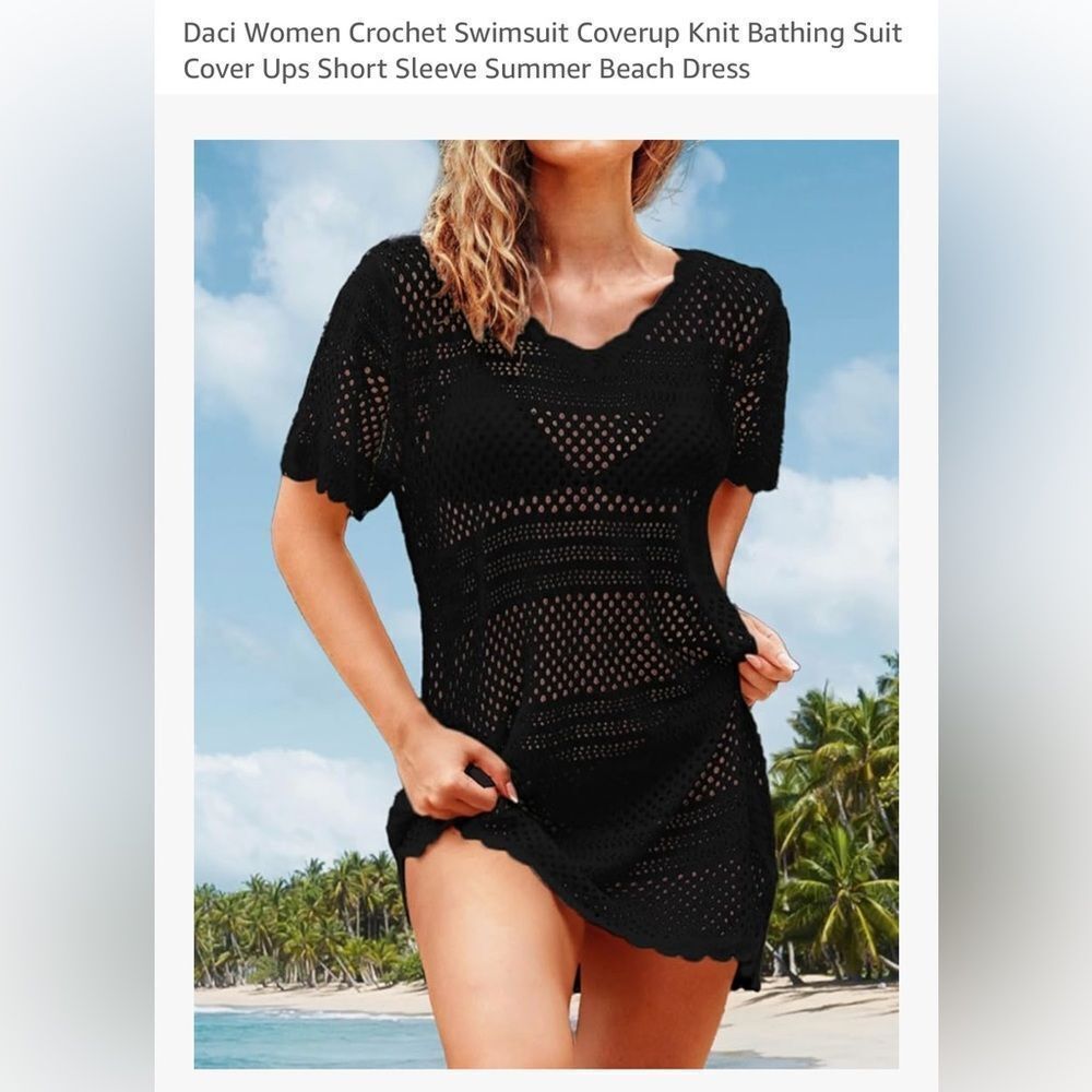 NWT Black Women Crochet Swimsuit Coverup Knit Short Sleeve Summer Beach Dress